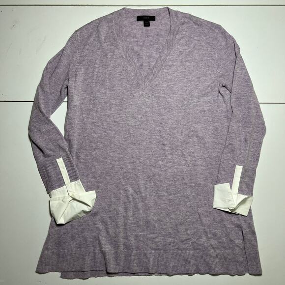 J Crew XXS Purple V Neck Relaxed Pullover Layered Sweater White Cuffs Wool Blend - Picture 2 of 10